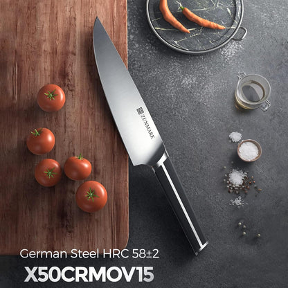 Knife Set, 7 Piece Sharp Chef Knife Set with Solid Wood Block, Unique One-Sided Magnetic Design, Full-tang Stainless Steel Knife Block Set for Home and Restaurants, Elegant Black