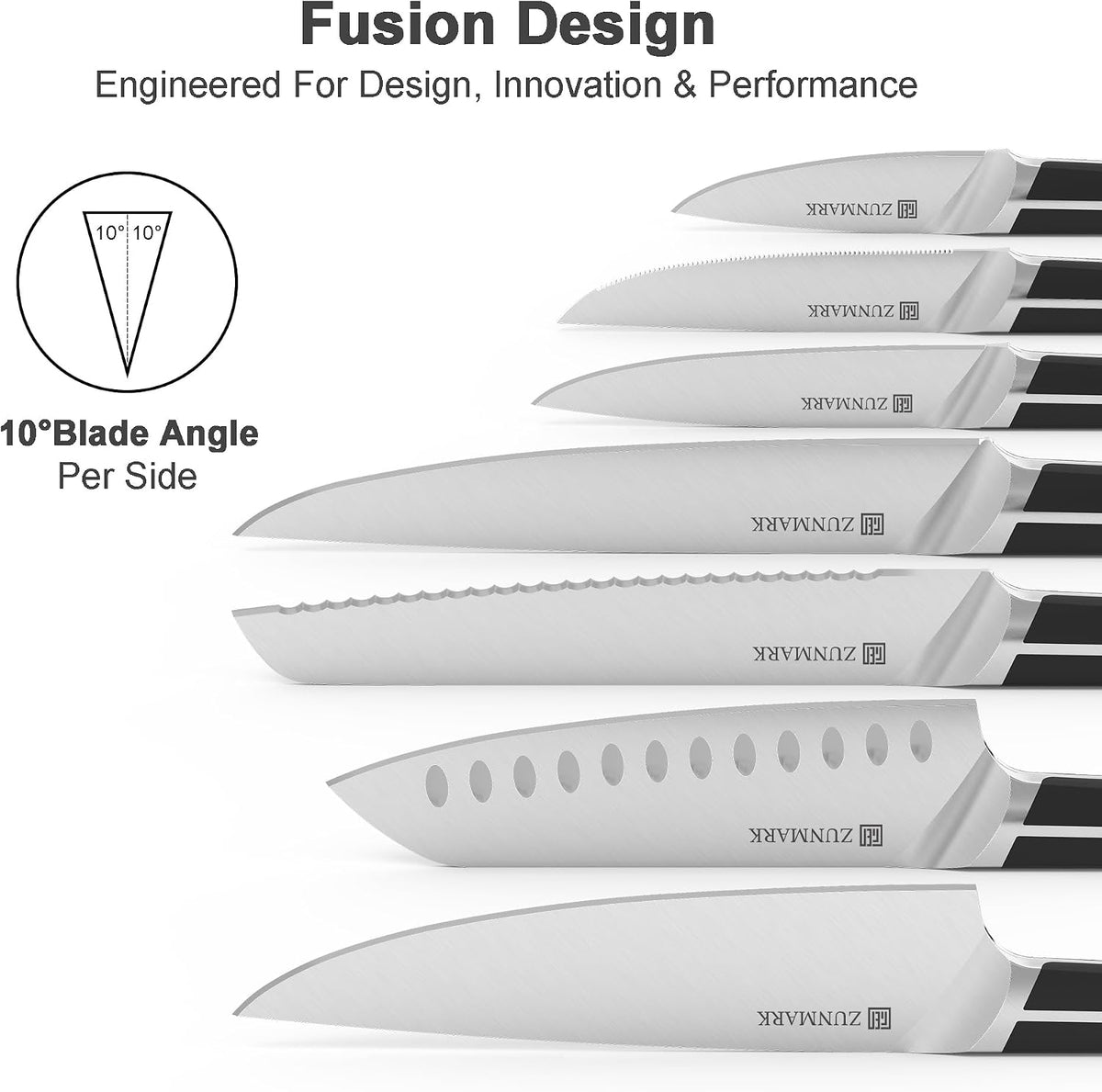 Knife Set, 7 Piece Sharp Chef Knife Set with Solid Wood Block, Unique One-Sided Magnetic Design, Full-tang Stainless Steel Knife Block Set for Home and Restaurants, Elegant Black