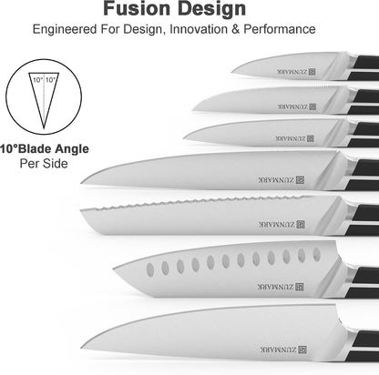 Knife Set, 7 Piece Sharp Chef Knife Set with Solid Wood Block, Unique One-Sided Magnetic Design, Full-tang Stainless Steel Knife Block Set for Home and Restaurants, Elegant Black