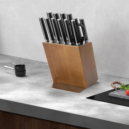 Knife Set, 7 Piece Sharp Chef Knife Set with Solid Wood Block, Unique One-Sided Magnetic Design, Full-tang Stainless Steel Knife Block Set for Home and Restaurants, Elegant Black