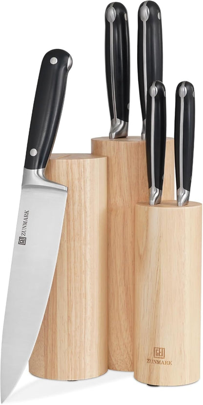 Knife Set, 7 Piece Sharp Chef Knife Set with Solid Wood Block, Unique One-Sided Magnetic Design, Full-tang Stainless Steel Knife Block Set for Home and Restaurants, Elegant Black