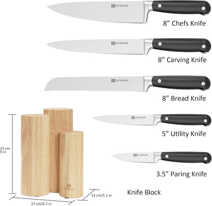 Knife Set, 7 Piece Sharp Chef Knife Set with Solid Wood Block, Unique One-Sided Magnetic Design, Full-tang Stainless Steel Knife Block Set for Home and Restaurants, Elegant Black