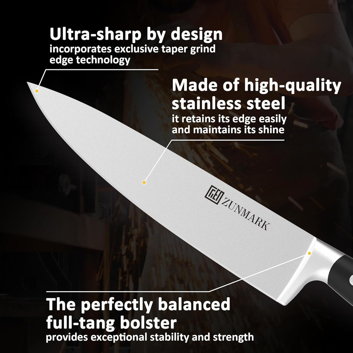 Knife Set, 7 Piece Sharp Chef Knife Set with Solid Wood Block, Unique One-Sided Magnetic Design, Full-tang Stainless Steel Knife Block Set for Home and Restaurants, Elegant Black