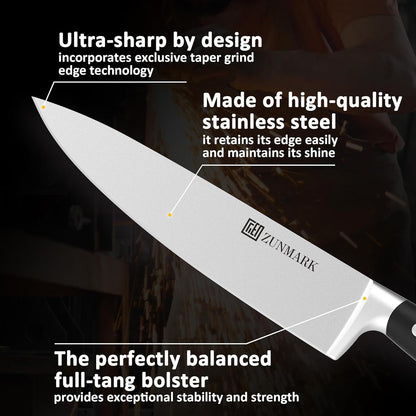 Knife Set, 7 Piece Sharp Chef Knife Set with Solid Wood Block, Unique One-Sided Magnetic Design, Full-tang Stainless Steel Knife Block Set for Home and Restaurants, Elegant Black