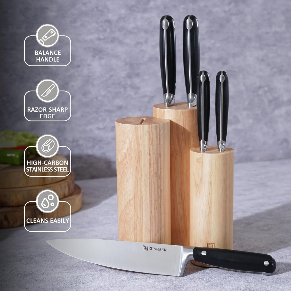 Knife Set, 7 Piece Sharp Chef Knife Set with Solid Wood Block, Unique One-Sided Magnetic Design, Full-tang Stainless Steel Knife Block Set for Home and Restaurants, Elegant Black