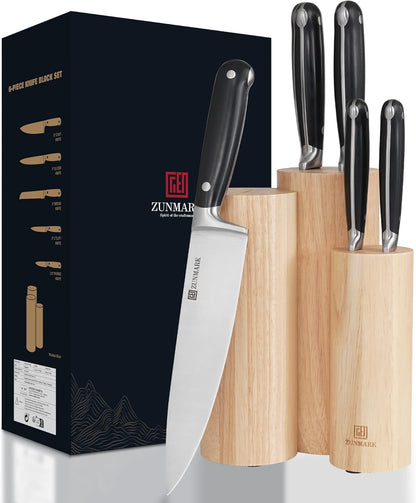 Knife Set, 7 Piece Sharp Chef Knife Set with Solid Wood Block, Unique One-Sided Magnetic Design, Full-tang Stainless Steel Knife Block Set for Home and Restaurants, Elegant Black