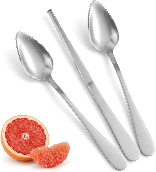 3-Piece Grapefruit Spoons and Knife Set, Stainless Steel | Serrated Citrus Utensils, Curved Blade, Mirror Polished, For Kiwi, Avocado, Dessert & Ice Cream, Dishwasher Safe