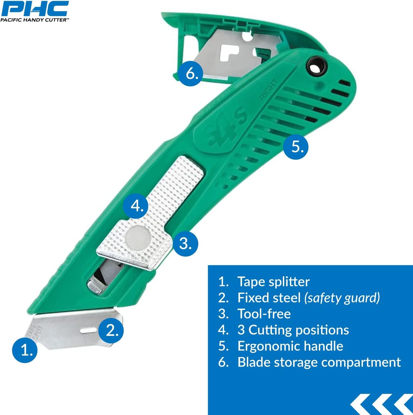 S4SL (New E21204-2) Self-Retracting Safety Cutter Fixed Metal Guard for Damage Protection, Retractable Utility Knife with Bladeless Tape Splitter, for Warehouse & In-Store Cutting