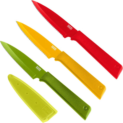 COLORI+ Non-Stick Straight and Serrated Paring Knives with Safety Sheaths, Set of 3, Red, Yellow and Green