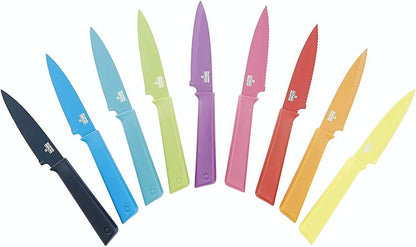 COLORI+ Non-Stick Straight and Serrated Paring Knives with Safety Sheaths, Set of 3, Red, Yellow and Green