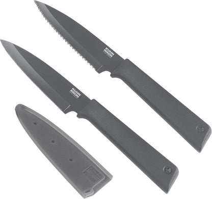COLORI+ Non-Stick Straight and Serrated Paring Knives with Safety Sheaths, Set of 3, Red, Yellow and Green