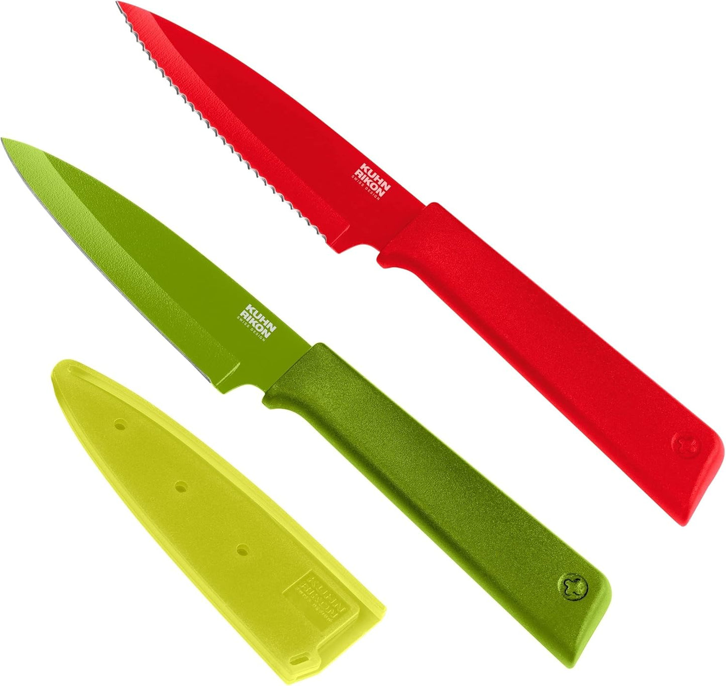 COLORI+ Non-Stick Straight and Serrated Paring Knives with Safety Sheaths, Set of 3, Red, Yellow and Green