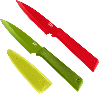 COLORI+ Non-Stick Straight and Serrated Paring Knives with Safety Sheaths, Set of 3, Red, Yellow and Green