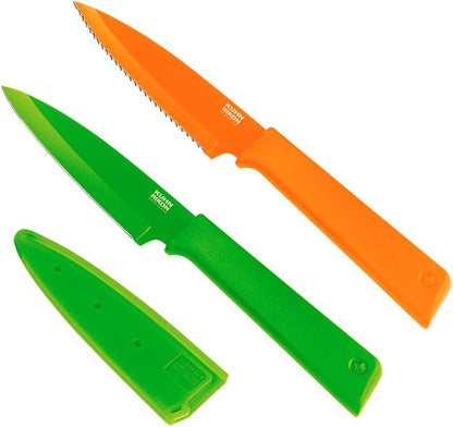 COLORI+ Non-Stick Straight and Serrated Paring Knives with Safety Sheaths, Set of 3, Red, Yellow and Green