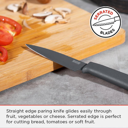 COLORI+ Non-Stick Straight and Serrated Paring Knives with Safety Sheaths, Set of 3, Red, Yellow and Green