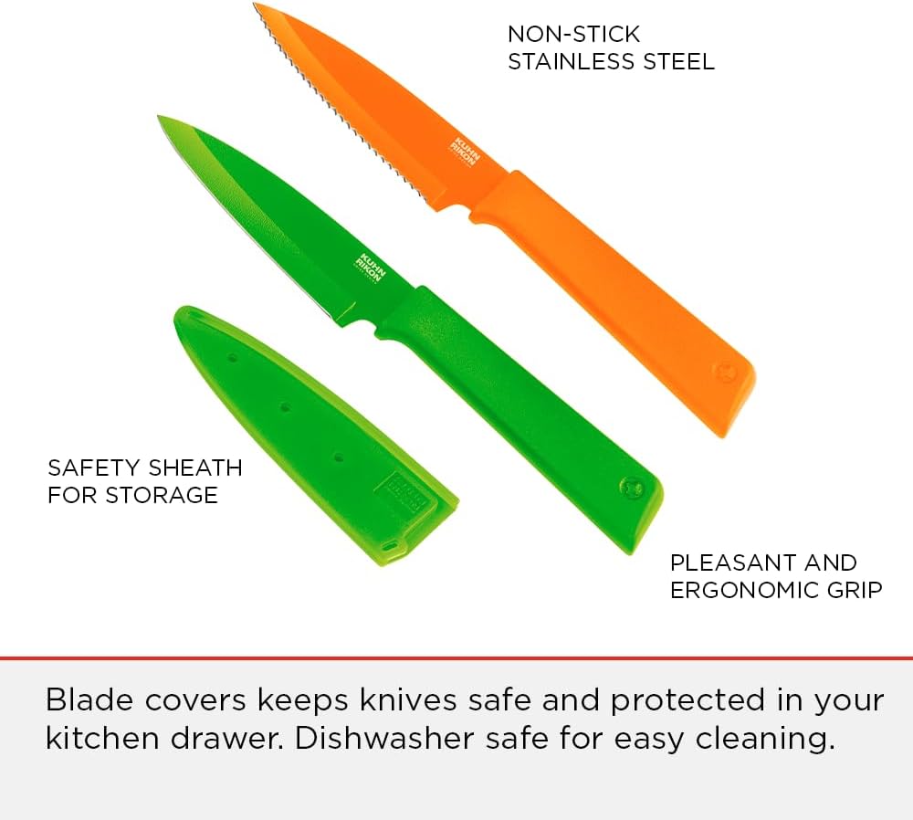 COLORI+ Non-Stick Straight and Serrated Paring Knives with Safety Sheaths, Set of 3, Red, Yellow and Green