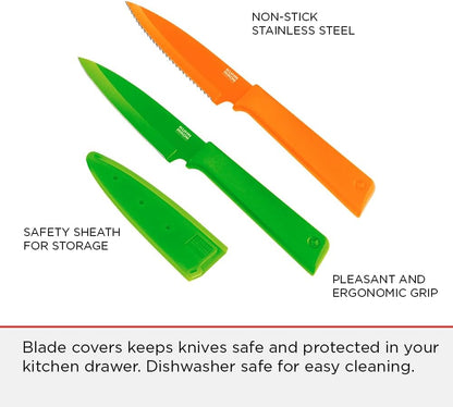COLORI+ Non-Stick Straight and Serrated Paring Knives with Safety Sheaths, Set of 3, Red, Yellow and Green