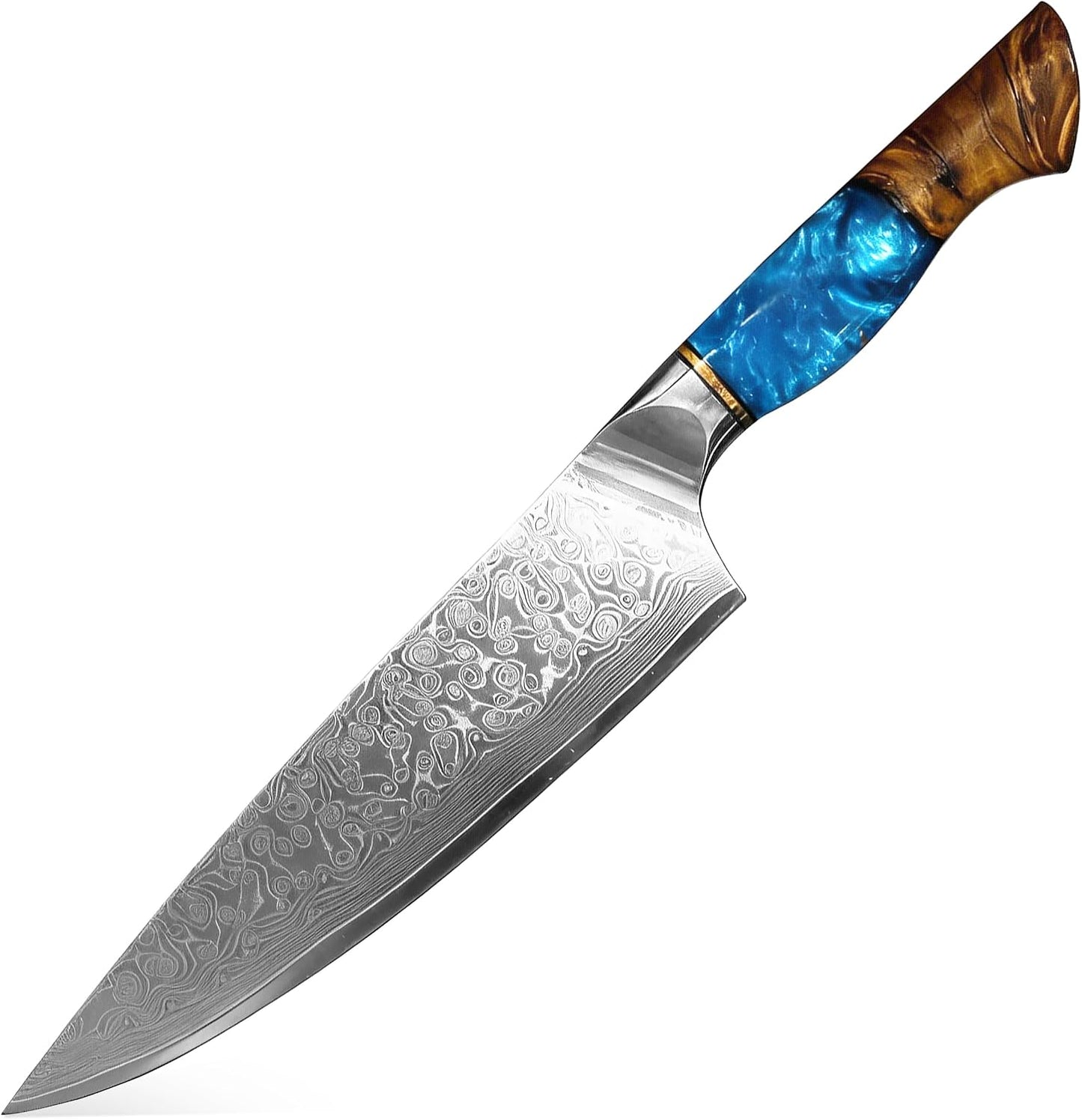 Damascus Kitchen Knife | 67-Layer Damascus Steel | 13” Professional Chef Knife | Ergonomic Wood & Resin Handle | Gift Box Included (Blue, 1 Piece)
