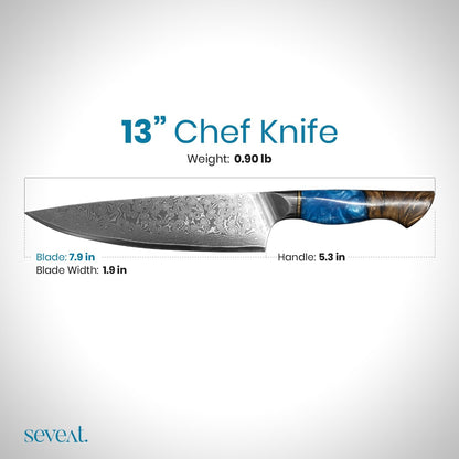 Damascus Kitchen Knife | 67-Layer Damascus Steel | 13” Professional Chef Knife | Ergonomic Wood & Resin Handle | Gift Box Included (Blue, 1 Piece)