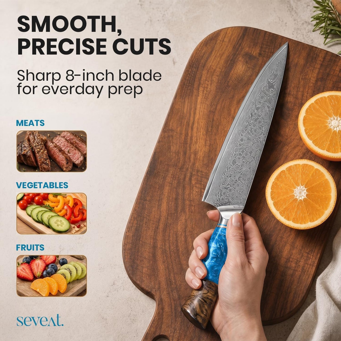 Damascus Kitchen Knife | 67-Layer Damascus Steel | 13” Professional Chef Knife | Ergonomic Wood & Resin Handle | Gift Box Included (Blue, 1 Piece)