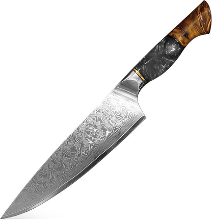 Damascus Kitchen Knife | 67-Layer Damascus Steel | 13” Professional Chef Knife | Ergonomic Wood & Resin Handle | Gift Box Included (Blue, 1 Piece)