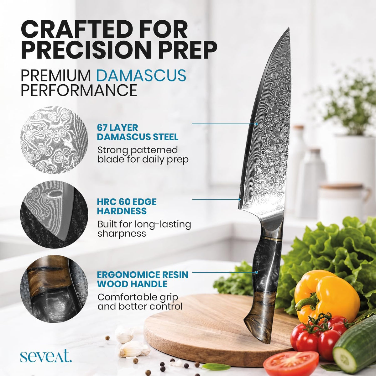 Damascus Kitchen Knife | 67-Layer Damascus Steel | 13” Professional Chef Knife | Ergonomic Wood & Resin Handle | Gift Box Included (Blue, 1 Piece)