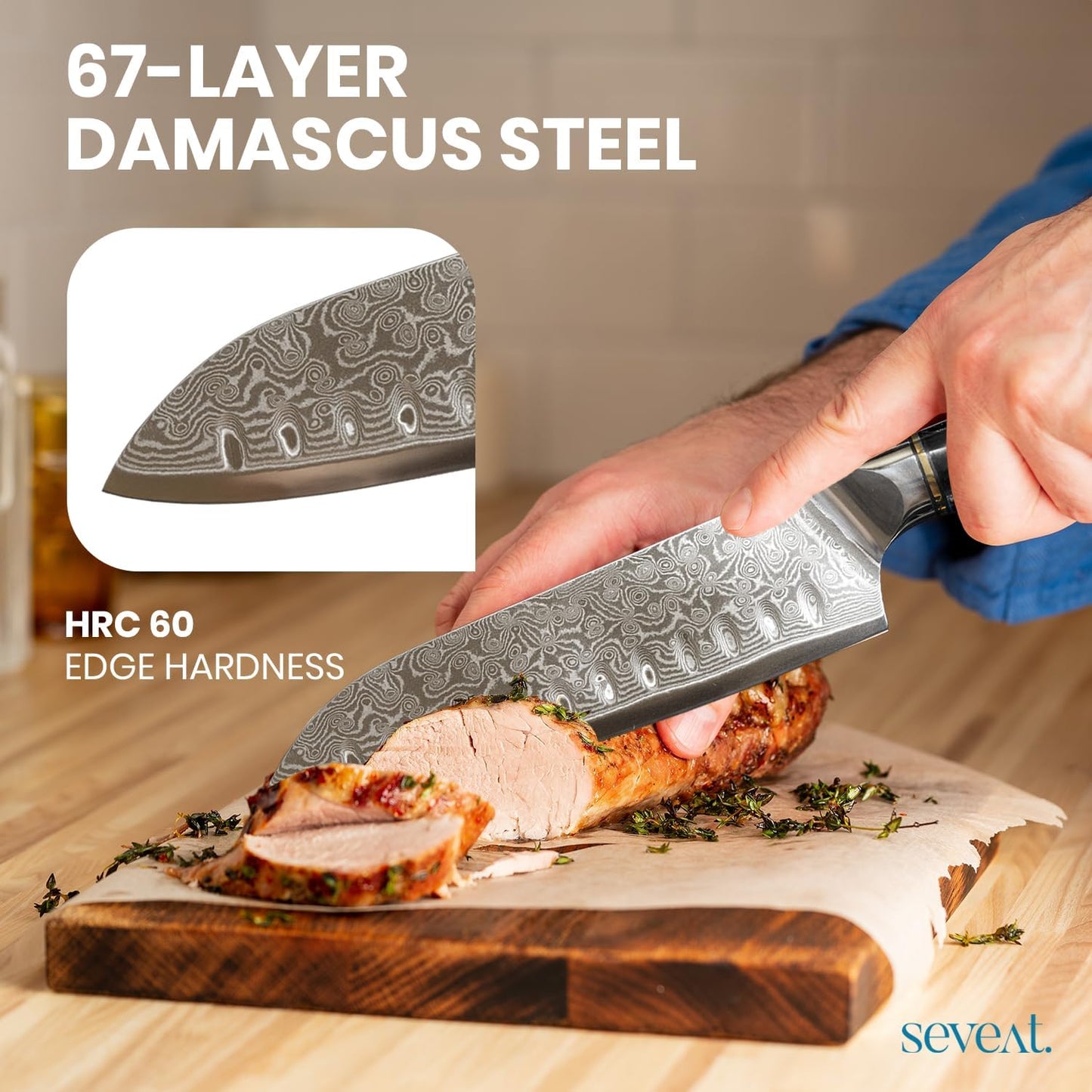 Damascus Kitchen Knife | 67-Layer Damascus Steel | 13” Professional Chef Knife | Ergonomic Wood & Resin Handle | Gift Box Included (Blue, 1 Piece)