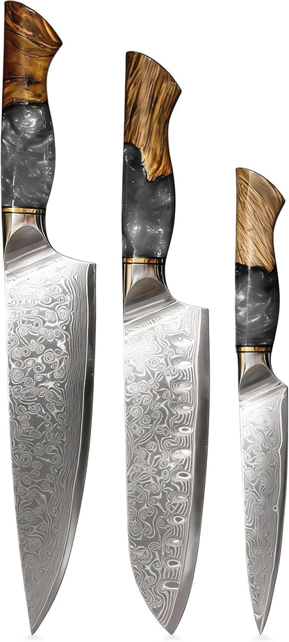 Damascus Kitchen Knife | 67-Layer Damascus Steel | 13” Professional Chef Knife | Ergonomic Wood & Resin Handle | Gift Box Included (Blue, 1 Piece)