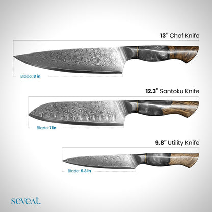 Damascus Kitchen Knife | 67-Layer Damascus Steel | 13” Professional Chef Knife | Ergonomic Wood & Resin Handle | Gift Box Included (Blue, 1 Piece)