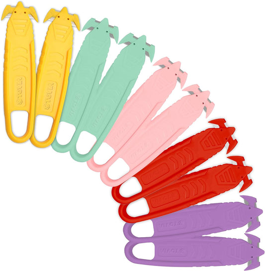 Safety Box Cutter Knife, Recessed SS Blade, 10-Pack, Assorted | Package opener tool, Hidden Blade for Safety, tape splitter for carton & plastic straps, double-sided concealed cutters