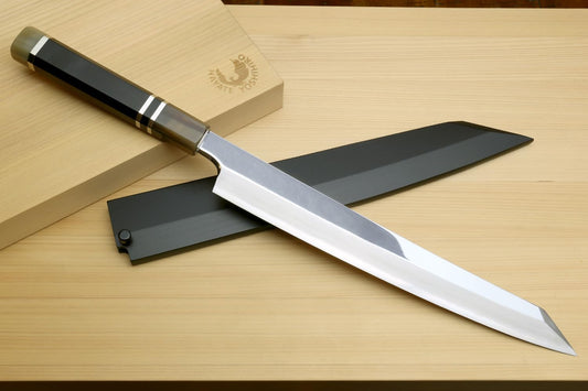 Yoshihiro Ginsan Mirror Polished Stain Resistant Steel Yanagi Kiritsuke Sushi Sashimi Japanese Knife (10.5"(270mm), Triple Ring Ebony Handle)