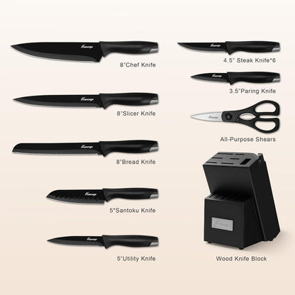 Knife Sets for Kitchen with Block, 15 Pieces Chef Knife Set with Self Sharpening, Stainless Steel Nonstick Ceramic Anti-Rust Coating Blades, Ergonomic Handle, Black Grey