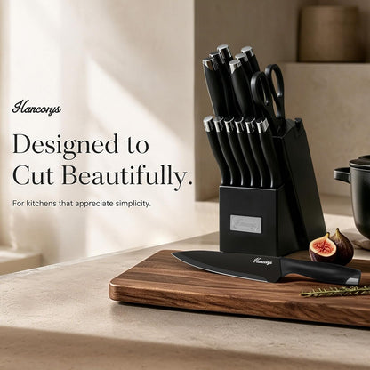 Knife Sets for Kitchen with Block, 15 Pieces Chef Knife Set with Self Sharpening, Stainless Steel Nonstick Ceramic Anti-Rust Coating Blades, Ergonomic Handle, Black Grey
