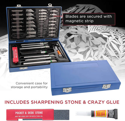 ® Deluxe Cutting Knife SET with Case Similar to Exacto - 56 Piece Precision Hobby Knife Set