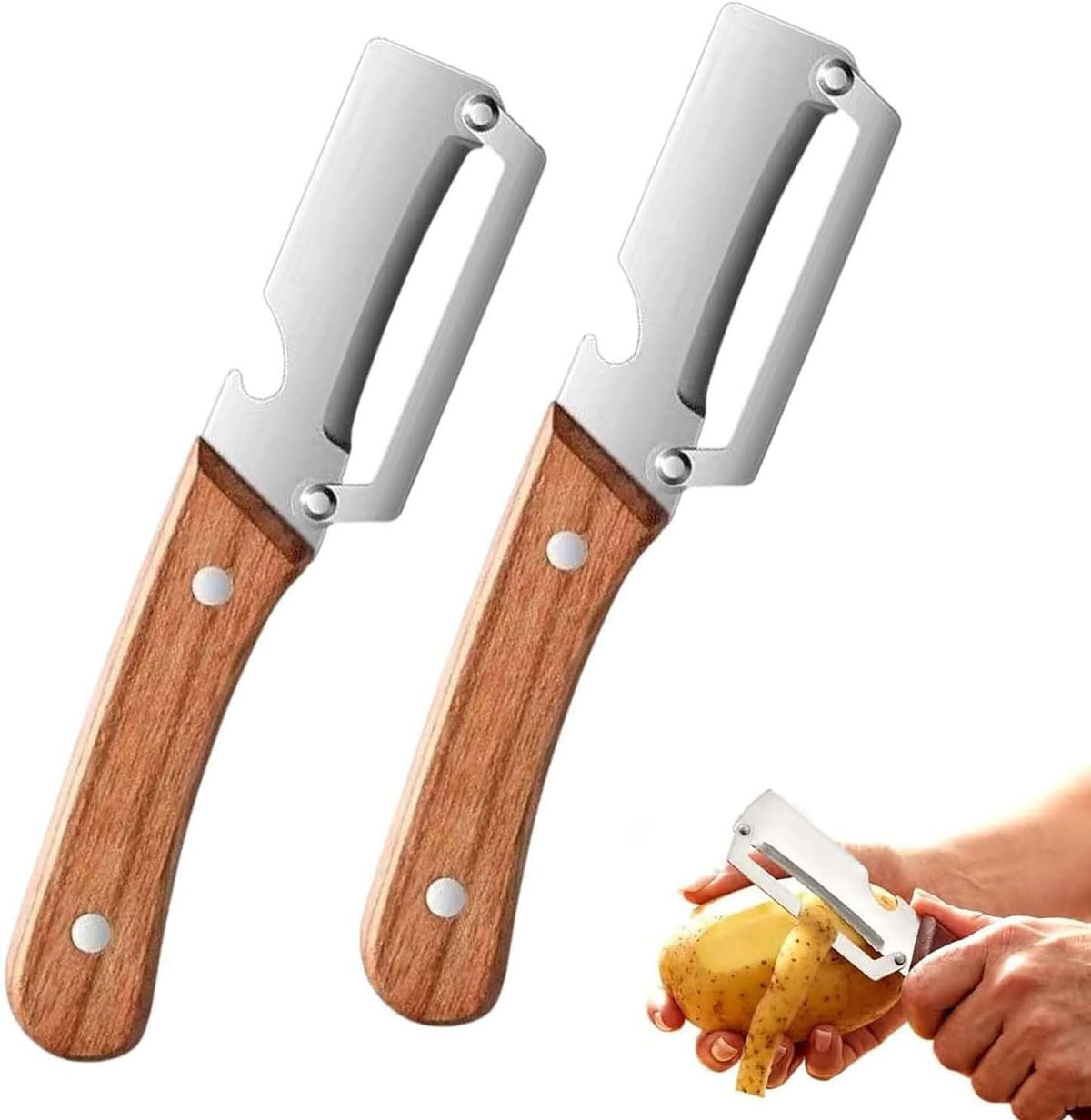 2PCS Vegetable Peeler, Multifunctional Vegetable Peeler, with Wooden Handle and Bottle Opener, Stainless Steel Blade Kitchen Tool for Fruit Vegetable, Pumpkin, Radish, Apple