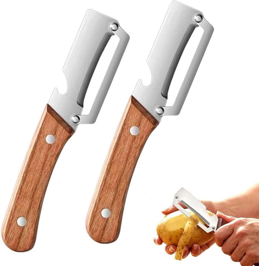 2PCS Vegetable Peeler, Multifunctional Vegetable Peeler, with Wooden Handle and Bottle Opener, Stainless Steel Blade Kitchen Tool for Fruit Vegetable, Pumpkin, Radish, Apple