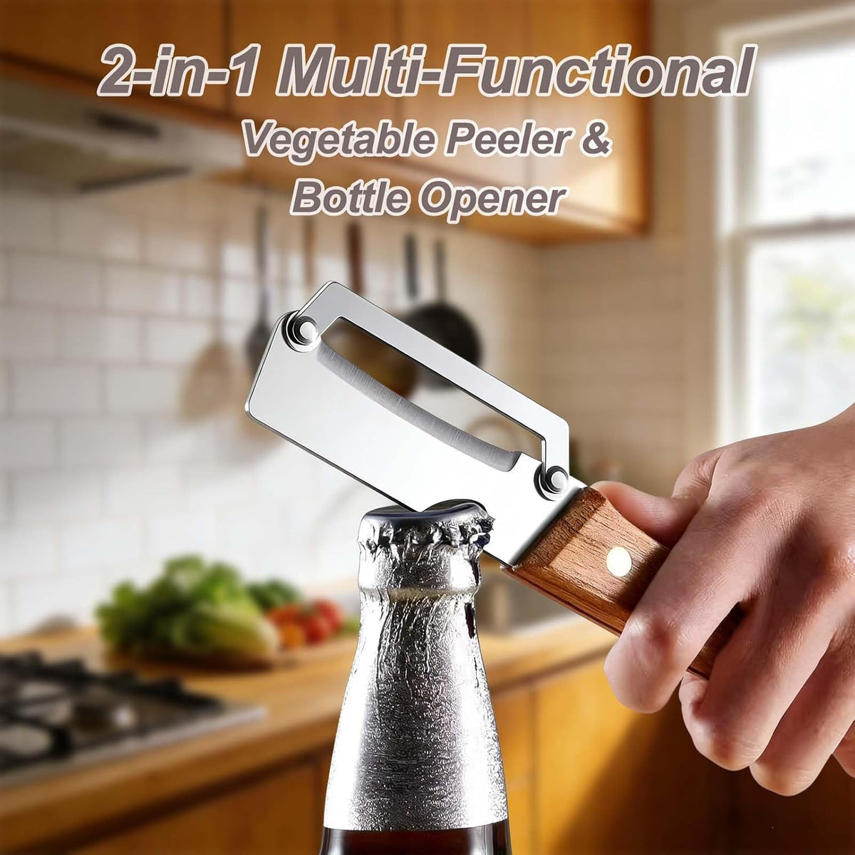 2PCS Vegetable Peeler, Multifunctional Vegetable Peeler, with Wooden Handle and Bottle Opener, Stainless Steel Blade Kitchen Tool for Fruit Vegetable, Pumpkin, Radish, Apple