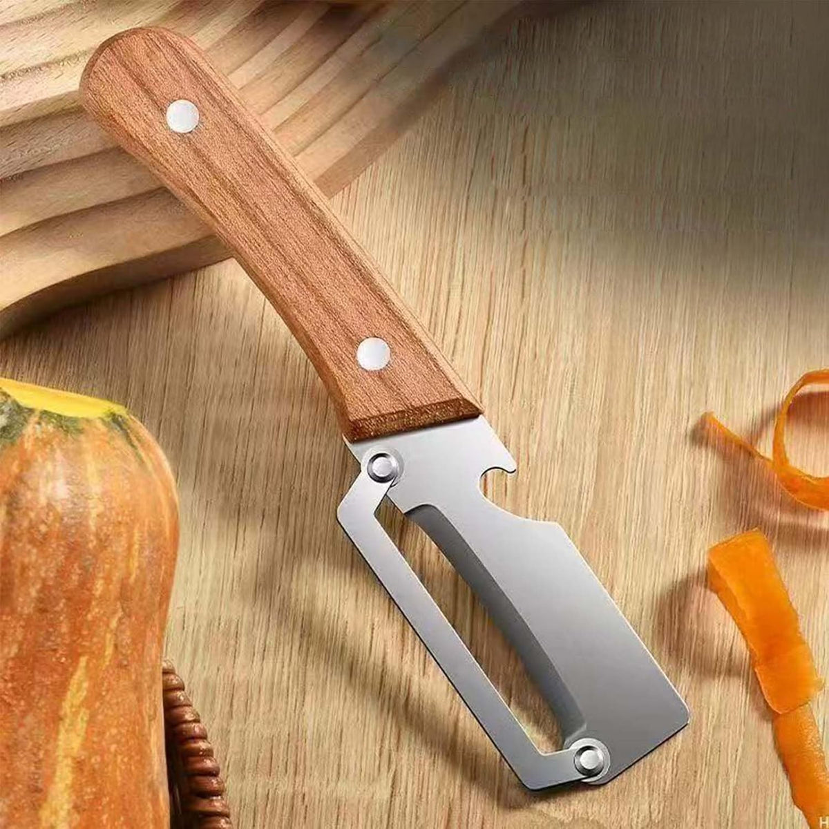 2PCS Vegetable Peeler, Multifunctional Vegetable Peeler, with Wooden Handle and Bottle Opener, Stainless Steel Blade Kitchen Tool for Fruit Vegetable, Pumpkin, Radish, Apple