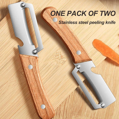 2PCS Vegetable Peeler, Multifunctional Vegetable Peeler, with Wooden Handle and Bottle Opener, Stainless Steel Blade Kitchen Tool for Fruit Vegetable, Pumpkin, Radish, Apple