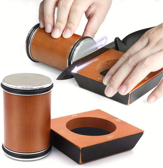 Knife Sharpener Tool, Rolling Knife Sharpener Kit for Any type of Knife, Kitchen knife Sharpener with Magnetic 4-Angle 2 Grit Discs (400/1000 Diamond) Grinding/Polishing (Brown)
