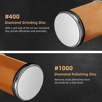 Knife Sharpener Tool, Rolling Knife Sharpener Kit for Any type of Knife, Kitchen knife Sharpener with Magnetic 4-Angle 2 Grit Discs (400/1000 Diamond) Grinding/Polishing (Brown)