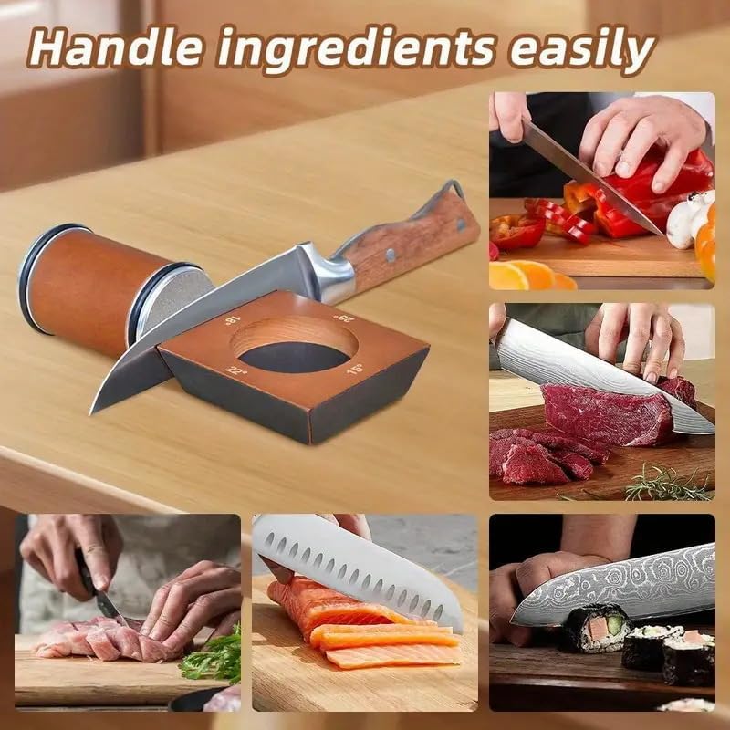 Knife Sharpener Tool, Rolling Knife Sharpener Kit for Any type of Knife, Kitchen knife Sharpener with Magnetic 4-Angle 2 Grit Discs (400/1000 Diamond) Grinding/Polishing (Brown)