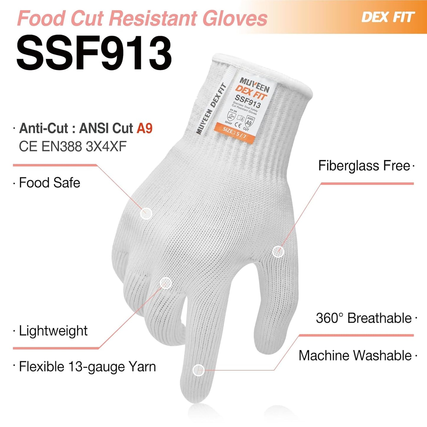 SSF913 Steel Fiber Level 9 Cut Resistant Gloves, Food Prep Safe, Comfort and Dexterity, Lightweight yet Durable, Machine Washable; White S (7) 1 Pair