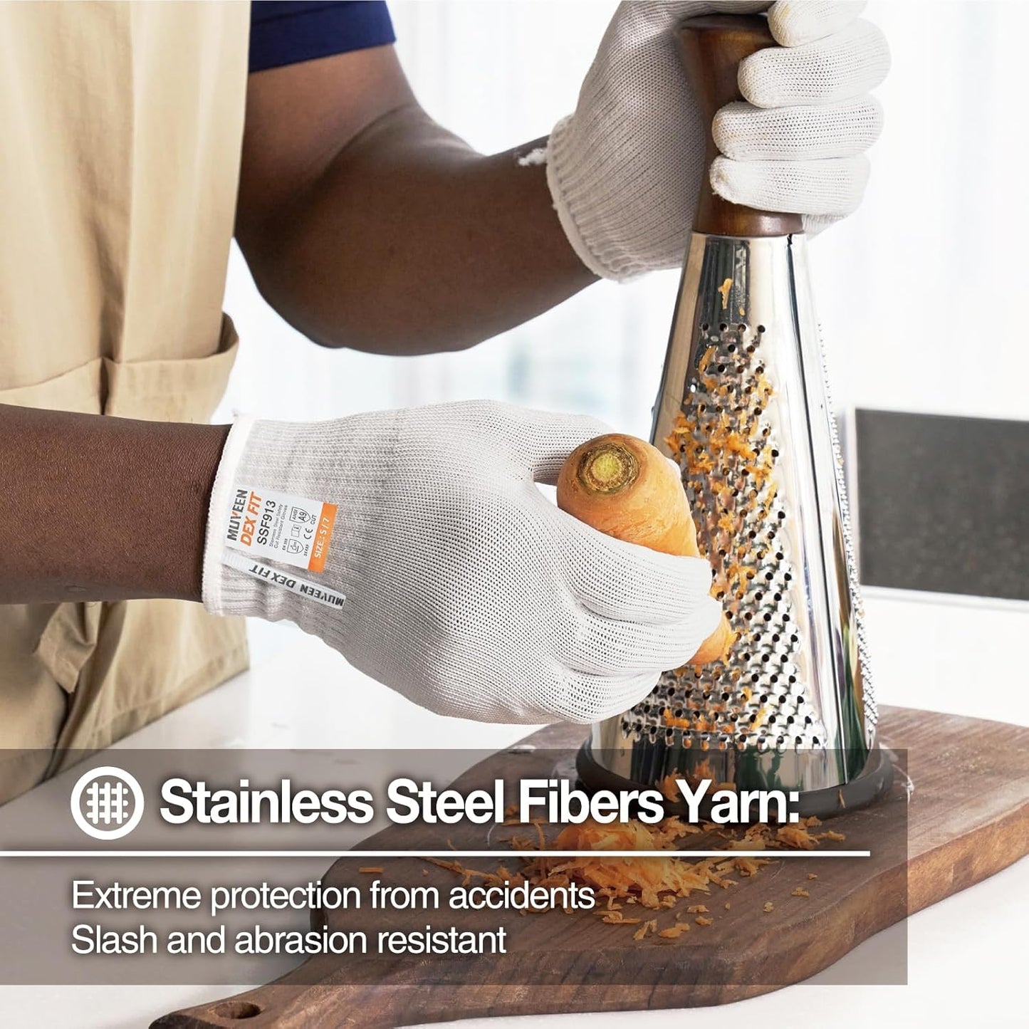 SSF913 Steel Fiber Level 9 Cut Resistant Gloves, Food Prep Safe, Comfort and Dexterity, Lightweight yet Durable, Machine Washable; White S (7) 1 Pair