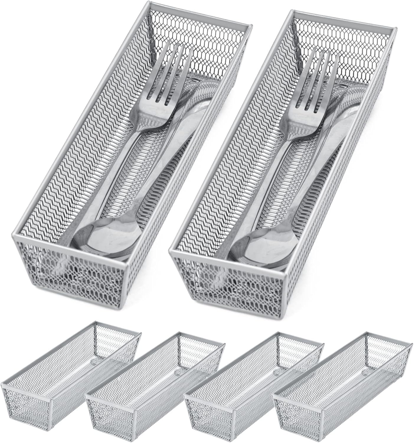 Silverware Organizer, Silver, 9 * 3 * 2 inch, Pack 6 | Mesh Drawer Organizer, Metal Utensil Organizer, For Flatware, Knives, Spoons, Cosmetic