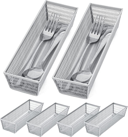 Silverware Organizer, Silver, 9 * 3 * 2 inch, Pack 6 | Mesh Drawer Organizer, Metal Utensil Organizer, For Flatware, Knives, Spoons, Cosmetic