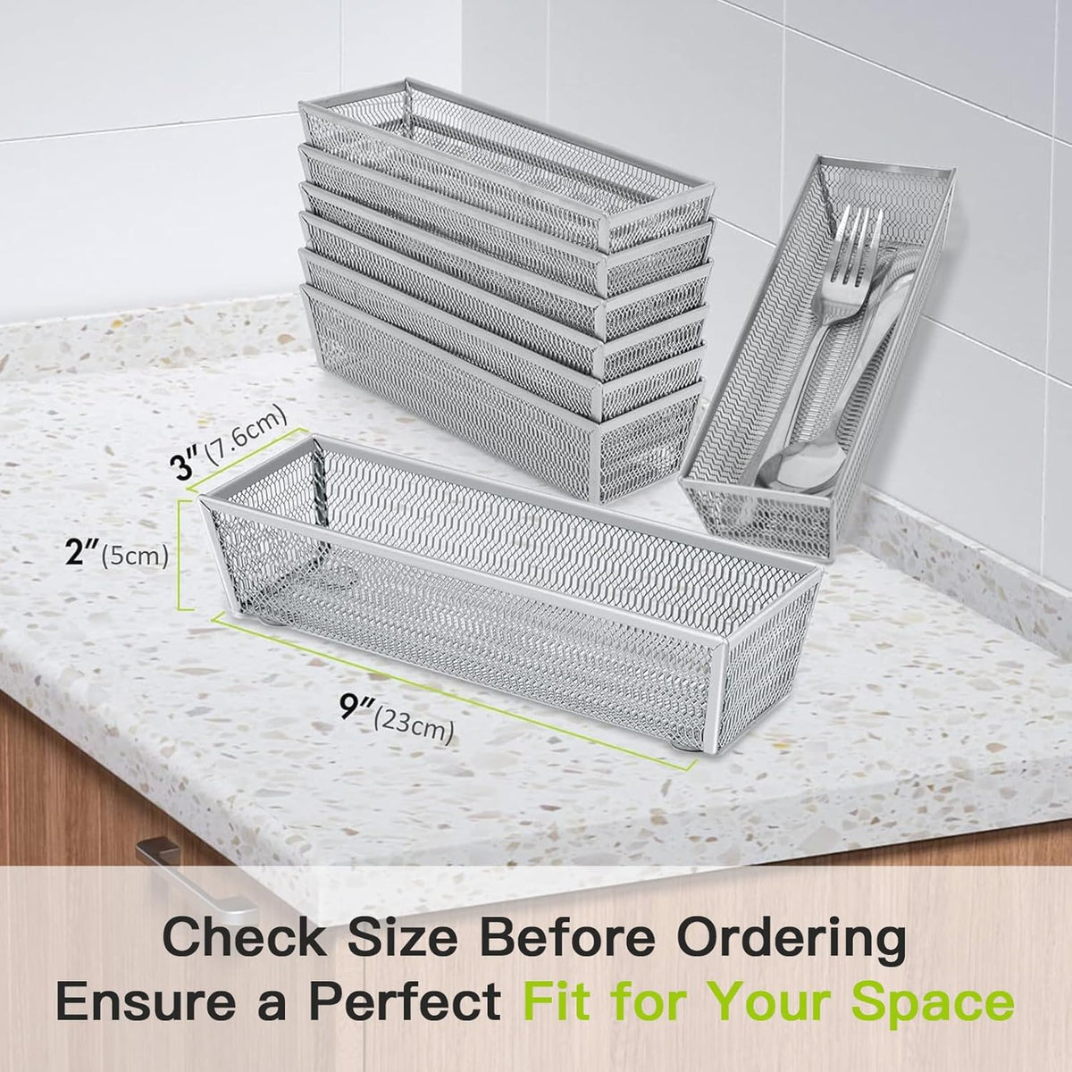 Silverware Organizer, Silver, 9 * 3 * 2 inch, Pack 6 | Mesh Drawer Organizer, Metal Utensil Organizer, For Flatware, Knives, Spoons, Cosmetic