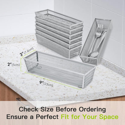 Silverware Organizer, Silver, 9 * 3 * 2 inch, Pack 6 | Mesh Drawer Organizer, Metal Utensil Organizer, For Flatware, Knives, Spoons, Cosmetic