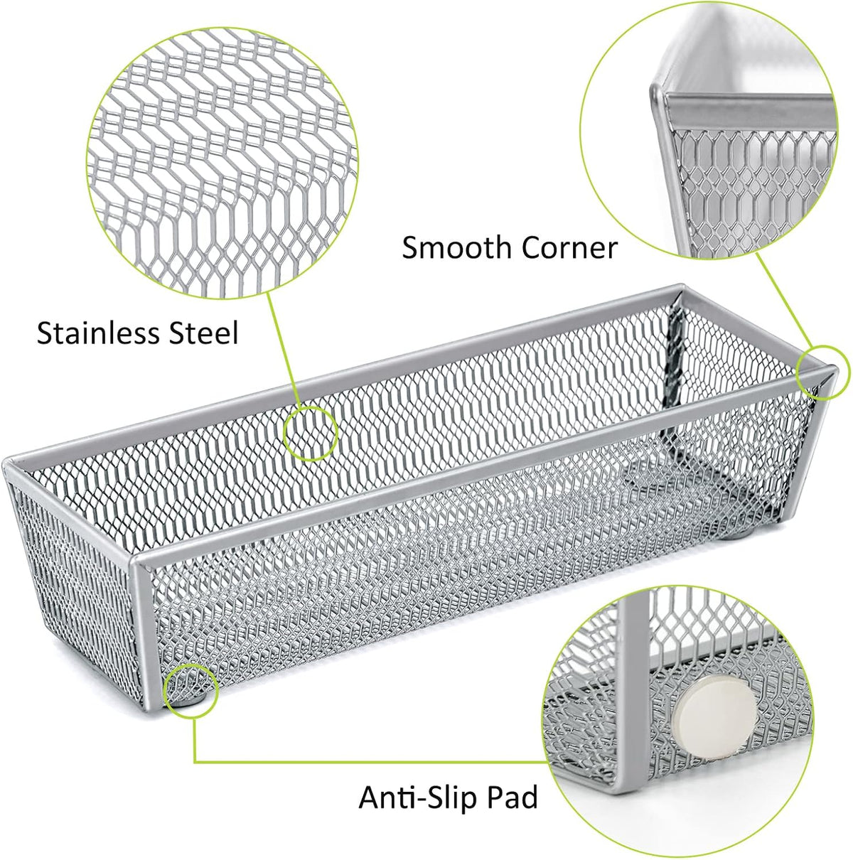 Silverware Organizer, Silver, 9 * 3 * 2 inch, Pack 6 | Mesh Drawer Organizer, Metal Utensil Organizer, For Flatware, Knives, Spoons, Cosmetic