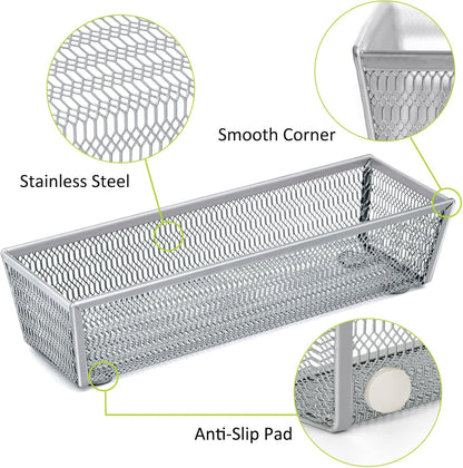 Silverware Organizer, Silver, 9 * 3 * 2 inch, Pack 6 | Mesh Drawer Organizer, Metal Utensil Organizer, For Flatware, Knives, Spoons, Cosmetic